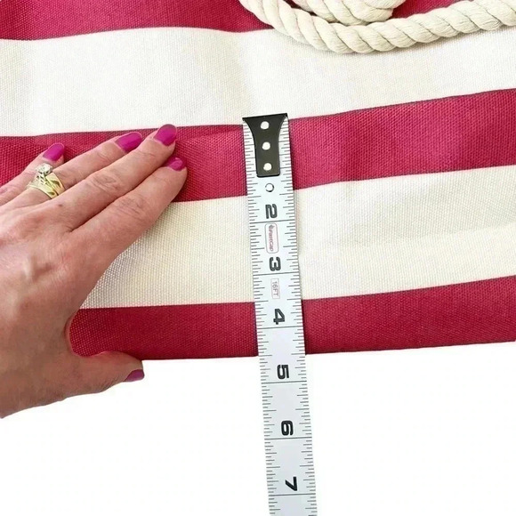 Oversized Canvas Tote Bag Rope Handle Beach Travel Carryall Red Cream Stripes - Picture 9 of 13